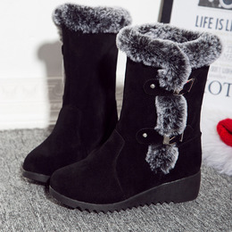 2015冬季新款时尚雪地靴短靴女士鞋子低跟加棉保暖兔毛带扣防滑潮