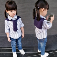 女童衬衫2016新款秋装韩版儿童宝宝长袖条纹假两件上衣1-2-3-4岁