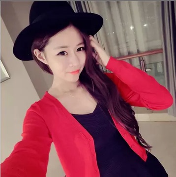 2015夏季新款女装韩版短款V领长袖修身针织衫开衫毛衣外套女包邮