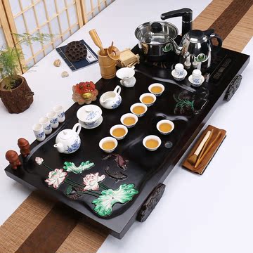 玻璃陶瓷功夫茶具套装 整套四合一体电磁炉实木茶盘茶台特价包邮