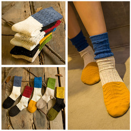 冬季加厚保暖女士袜子 毛圈点子纱拼接撞色中筒纯棉针织堆堆袜