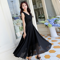 2015夏季新款高档无袖韩版纯黑色大摆连衣裙修身显瘦长裙子包邮