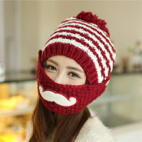 冬季新款韩版可爱女胡子保暖帽子连体口罩 加厚绒毛线帽批发厂家