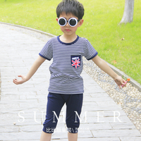 童装男童夏装套装2015新款儿童套装夏季条纹男童短袖T恤套装