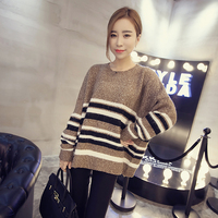 香港代购2015秋装新款韩版横条纹圆领长袖宽松大版针织套头毛衣女