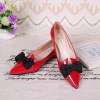 2015夏季新款欧美红色婚鞋漆皮平底平跟尖头蝴蝶结浅口百搭女单鞋