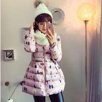 DY9923新款冬装2015韩版修身时尚印花棉衣 圆领中长款棉服外套 女