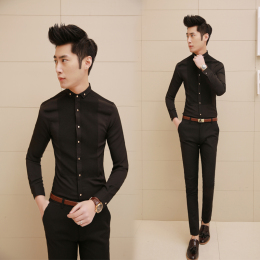 2015春季新款韩版修身长袖衬衫男装潮休闲衬衣发型师男士衬衫潮