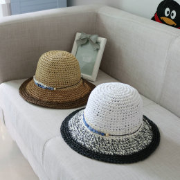 韩版时尚大檐三色渐变色串珠可折叠春夏遮阳帽草帽女出游帽沙滩帽