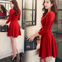 2016春秋装新款 韩版女装长袖打底裙 收腰红色大摆连衣裙