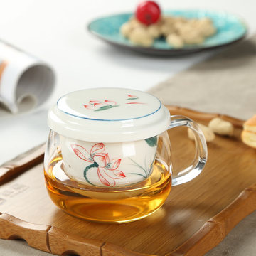 玻璃红茶杯子带盖手绘青花瓷内胆耐热加厚茶隔花草普洱茶个人过滤