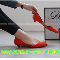 韩版春夏新品糖果色甜美系单鞋绒面低跟小细矮跟尖头浅口大码女鞋