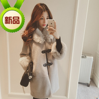 6度冬季新款韩版羊羔毛拼接毛领单排扣修身中长款毛呢外套女