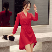 2016新款韩版中长款收腰女裙V领前短后长女装修身显瘦减龄连衣裙