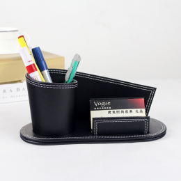 高档皮革笔筒名片座木 创意桌面办公收纳用品 时尚韩国多功能免邮