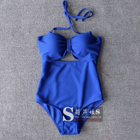 包邮2016新款时尚蓝色三角连体泳衣女钢托聚拢性感显瘦遮肚游泳衣