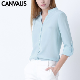 CANVAUS春季蓝纯色OL通勤气质立领修身长袖衬衣 雪纺衬衫女CS4082