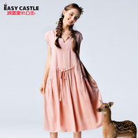 城堡里的公主 新款女夏装宽松短袖纯色大码棉麻连衣裙长裙夏