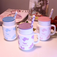 创意可爱卡通陶瓷杯子牛奶咖啡杯水杯马克杯带勺盖骨瓷情侣杯包邮
