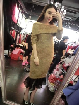 2015秋冬韩国代购新品毛线针织拼接连衣裙女长袖纱网两件套打底裙