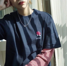 2016韩国ulzzang原宿风宽松bf条纹拼接假两件玫瑰刺绣长袖T恤女潮