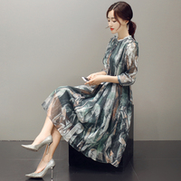 2015秋装新韩版款优雅淑女七分袖修身中长款雪纺印花连衣裙 女