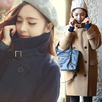 2015秋冬新款韩版中长款双排扣毛呢外套女韩国学院风修身呢子大衣
