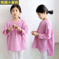 品牌女童装韩国儿童T恤宽松蝴蝶结中长款上衣长袖小女孩棉麻体恤
