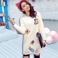 2015秋装新款韩版下摆开叉宽松套头针织衫中长款长袖贴布毛衣女