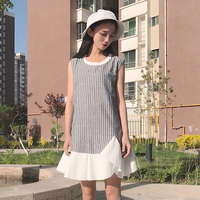 2017夏季新款韩版女装条纹下摆不规则背心群修身显瘦连衣裙A字裙