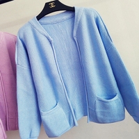slmq2016春秋新款韩版口袋长袖针织衫女开衫纯色学生毛衣短款外套