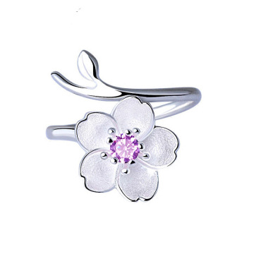 925纯银小花朵戒指女创意简约樱花戒指 日韩气质紫水晶指环银饰品