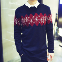 2015新款韩版男装针织衫修身型青少长袖春秋圆领提花休闲套头毛衣