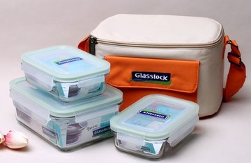 正品韩国Glasslock三光云彩玻璃饭盒三件套 微波炉盒带保温包GL17
