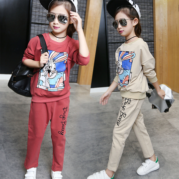 女童2016新款秋装韩版卡通长袖卫衣套装中大童时尚印花运动两件套