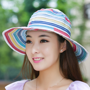 彩条遮阳帽子 女士夏天盆帽渔夫帽透气可折叠防晒防紫外线沙滩帽