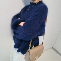 韩版女装冬季加厚长袖针织衫开叉半高领貂绒衫宽松套头兔毛毛衣女