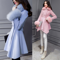 2015冬装新款女装韩版中长款修身毛呢外套女狐狸毛羊毛呢子大衣潮