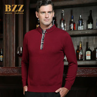 Bzz中年男士纯羊毛衫半高领假两件针织衫加厚高档男冬毛衣爸爸装