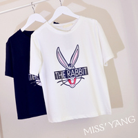 2015韩版可爱小兔子短袖T恤女夏季新款卡通印花圆领棉质宽松上衣