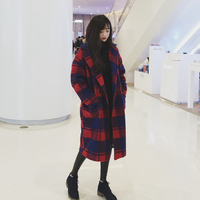 韩国2015格子毛呢外套女韩版中长款宽松加绒加厚学生呢子大衣风衣
