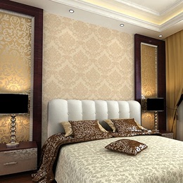 欧式浮雕客厅电视背景墙纸 米黄色卧室大马士革环保壁纸9191系列