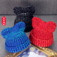 帽子女冬天混色猫耳朵韩版潮秋冬季粗毛线帽加厚保暖针织帽护耳帽