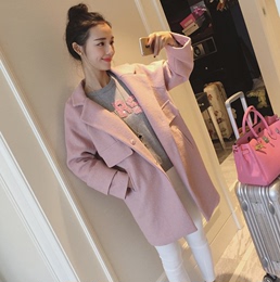 2015韩国学生秋冬新款粉色大衣长袖羊毛风衣中长款翻领毛呢外套女