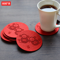 HHFA新年装饰创意猴年毛毡杯垫套装 布艺茶杯垫 隔热防滑吸水杯垫