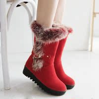 2015冬季新款雪地靴兔毛保暖女棉鞋冬季中筒平跟厚底加绒大码靴子