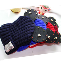 韩版秋冬款加绒加厚儿童帽针织帽米奇耳朵毛线帽男女童潮铆钉珍珠