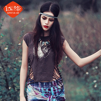 迷阵2015春装新款原创印第安印花镂空修身短袖民族风女T恤Y0115