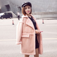 2016新款茧型韩版冬季粉色皮衣羊羔毛外套女中长款仿皮毛一体皮草