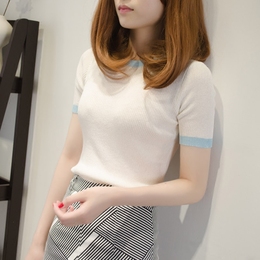 夏装新款韩版复古撞色圆领半袖打底针织衫休闲显瘦短袖冰丝上衣女